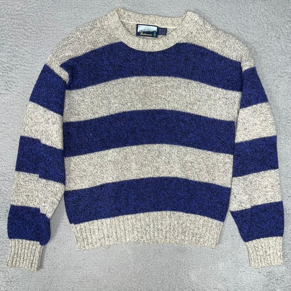 VTG‎ Fieldmaster Sweater Men's Size XL Blue Gray Striped Ragg Wool Blend Grandpa